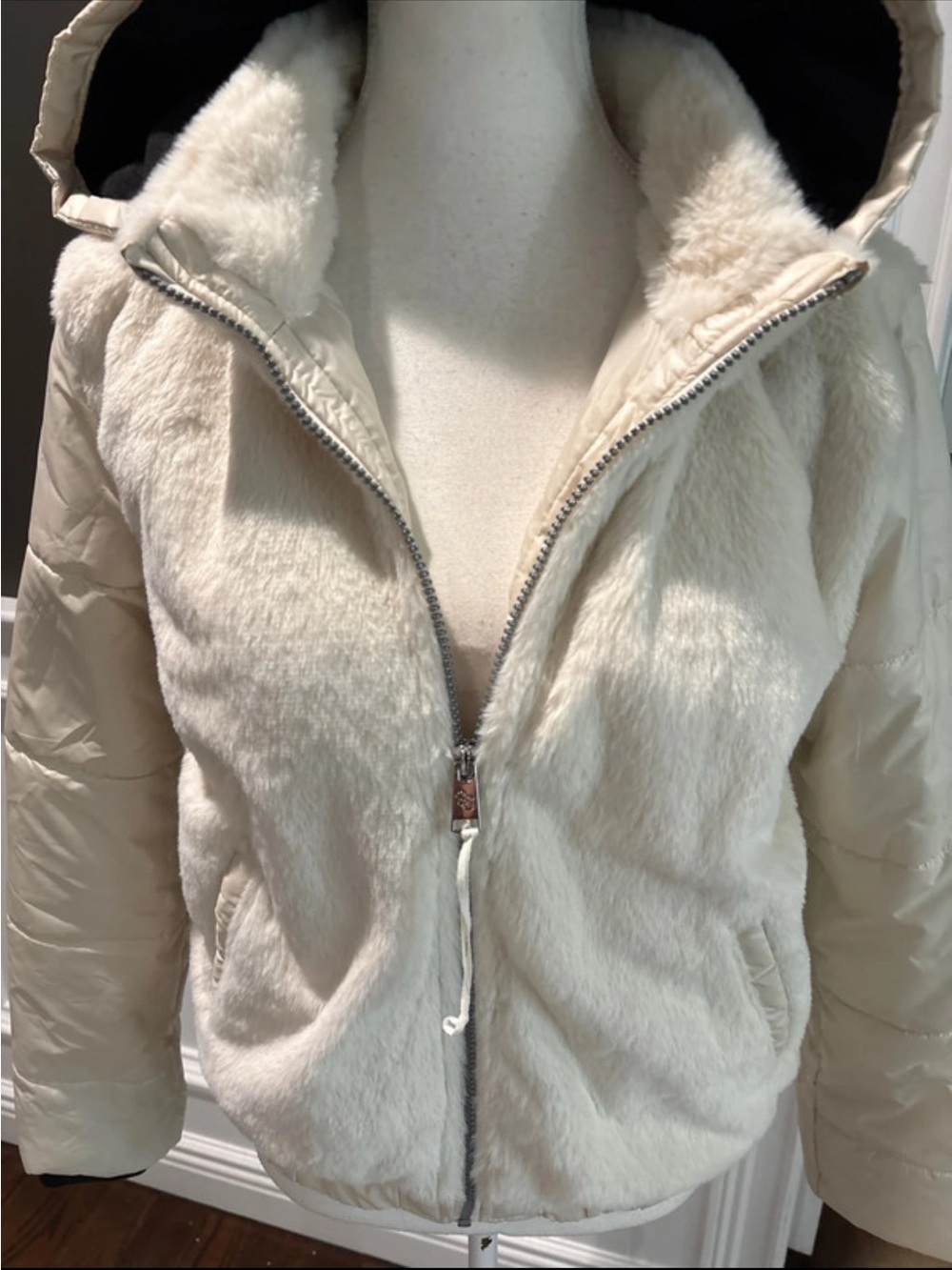 Jessica Simpson Ivory Faux Fur Hooded Bomber Jacket